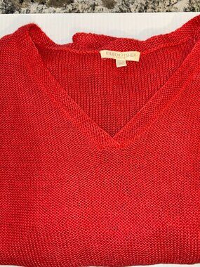 Eileen Fisher Red V-Neck Knit Sweater, Italian Yarn,Lightweight, Women PM